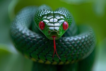 Obraz premium Close-up of a vibrant green snake with striking red eyes coiled among lush greenery during daylight in a tropical environment