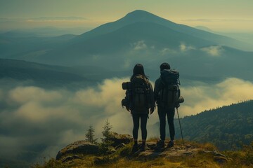 Fototapeta premium Hikers admire scenic mountain views at dawn in a misty landscape with rolling hills and lush greenery