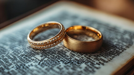 Gold Wedding Bands on Open Book - Photo
