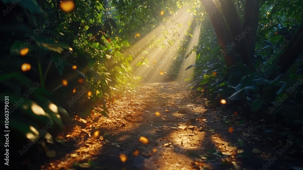 Poster an enchanting forest path illuminated by sunlight filtering through the leaves, creating a magical a