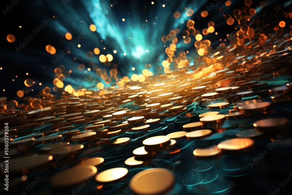 Poster a dynamic scene of shimmering coins with light effects, creating a sense of wealth and abundance.