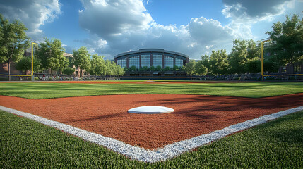 Baseball Field,  Realistic 3D Render, Green Grass, Home Plate