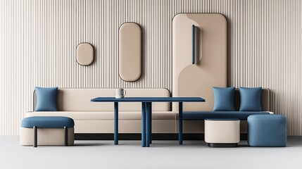 Modern minimalist interior with geometric shapes, featuring a beige and blue color palette. Includes a sofa with pillows, coffee table, stools, and textured wall panels.