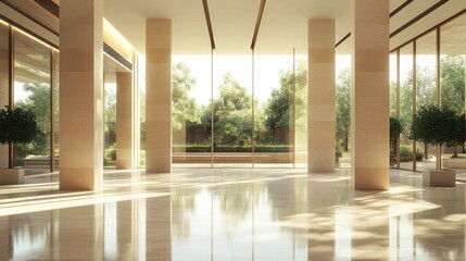 Fototapeta premium spacious interior with striking columns framing the area, enhanced by large, clear windows that create an open and bright environment.