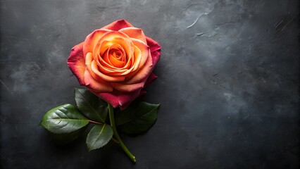 Top view, dark smooth tabletop, soft ambient light, one fresh rose flower