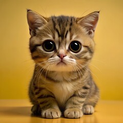 Fototapeta premium Cute brown cartoon cat with remorseful face and big eyes saying sorry