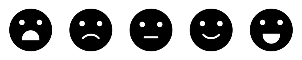 Emoji vector icon set. Emojis set in black color isolated. Five rating emoji icon set. Rating emoji collection. Vector illustration.