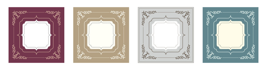 Set of square ornamental label frames. Vintage creative cards template with beautiful flourishes ornament elements. Decorative vintage frames, borders, corners. Vector illustration.