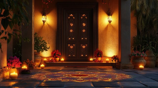 An inviting scene of a well-lit home entrance decorated with rangoli, diyas, and traditional Dhantera symbols.