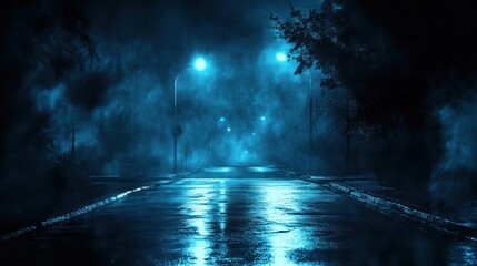 A dark, deserted street illuminated by faint streetlights, with wet asphalt reflecting glimmers of light.