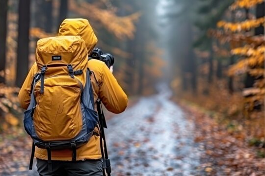 A photographer captures autumn colors on a misty forest trail in the peaceful quiet of nature's beauty