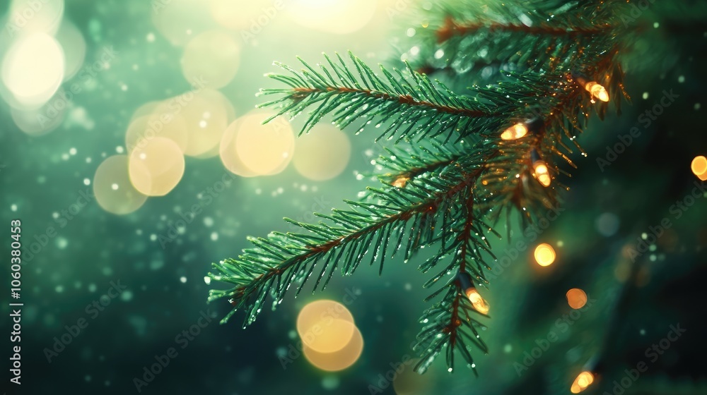Aufkleber close-up of a fir tree branch with bokeh lights, rich emerald needles contrasting with a soft focus 