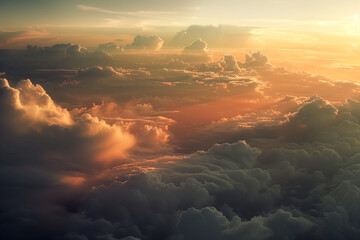 Fototapeta premium Breathtaking view of clouds illuminated by warm glow of sunset, creating serene and tranquil atmosphere. soft hues blend beautifully, evoking sense of peace and wonder