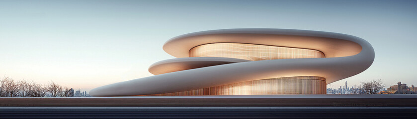 Fototapeta premium A modern architectural structure with fluid lines and large glass windows, set against a serene sky.