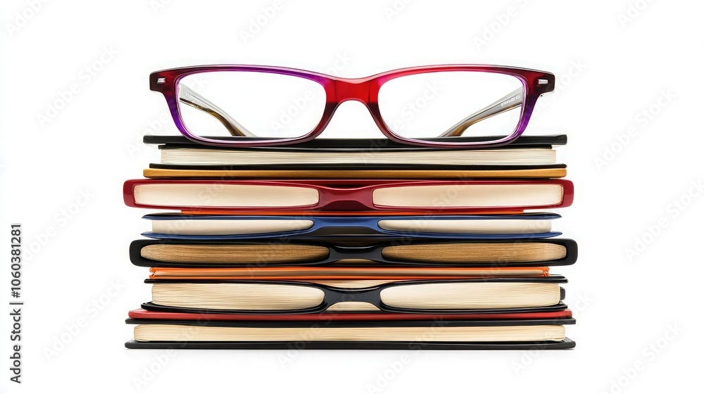 Poster glasses resting on stack of colorful notebooks