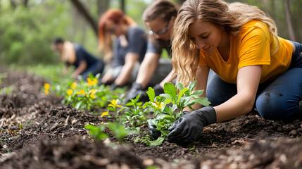Volunteers Planting Flowers in the Garden - Realistic Image