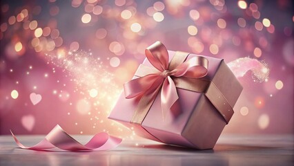 A romantic double exposure captures an unwrapped gift box in soft pink Valentine hues, adorned with a floating ribbon bow, perfect for product placement.