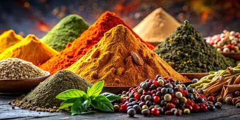Fototapeta premium Aromatic Spice Symphony An Abundance of Colorful Powdered Flavors and Whole Spices Ready to Ignite Culinary Creations