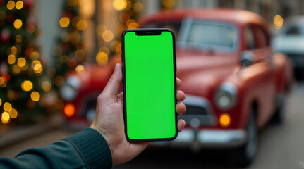 Close-up of a smartphone with a green screen held by a hand against a festive, blurred Christmas background. Ideal for holiday greetings, online shopping, or social media sharing during celebrations