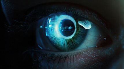 A futuristic view of a human eye with a blue electronic light beam scanning across the pupil, with a high-tech