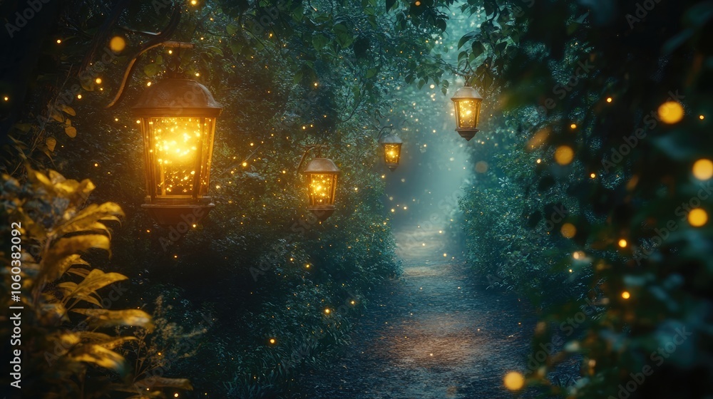 Poster enchanted forest pathway illuminated by soft lantern light, with whimsical foliage and a misty backg