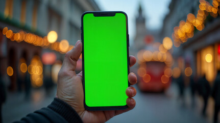 Close-up of a smartphone with a green screen held by a hand against a festive, blurred Christmas background. Ideal for holiday greetings, online shopping, or social media sharing during celebrations