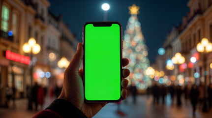 Fototapeta premium Close-up of a smartphone with a green screen held by a hand against a festive, blurred Christmas background. Ideal for holiday greetings, online shopping, or social media sharing during celebrations