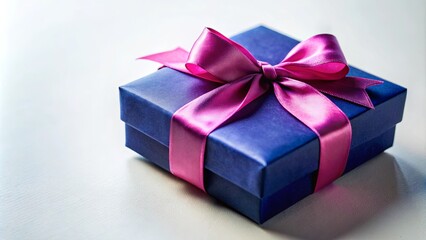 Obraz premium A deep blue gift box adorned with a delicate magenta satin ribbon, meticulously tied into a graceful bow, a symbol of anticipation and joy.