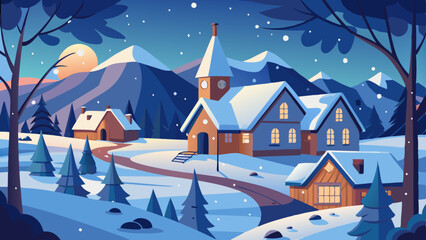 Snow Falling on a Quiet Village Scene. Snow Falling on a Quiet Village at Night with Cozy Houses and Mountains