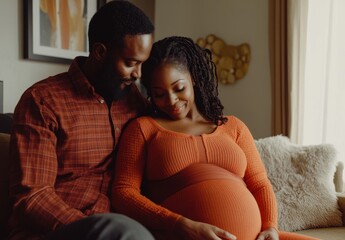 Couple expecting a baby shares intimate moment indoors during daytime