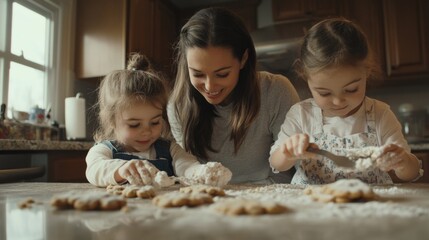A mother and her daughters enjoy baking cookies together at home