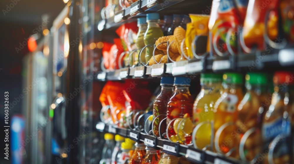 Poster vending machine filled with colorful beverages and snacks is waiting for someone to purchase somethi