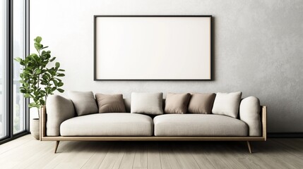 Contemporary living room with a light gray sofa and multiple cushions, a large blank picture frame, and a potted plant next to large windows on a wooden floor.