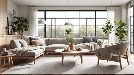 Fototapeta premium Bright and Airy Living Room with Stylish Neutral Palette, Plush Seating, and Abundant Greenery for a Fresh Look (21)