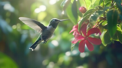 Fototapeta premium Graceful hummingbird hovering near a flower.