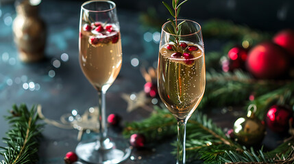 Two glasses of champagne with cranberries and rosemary on a dark background