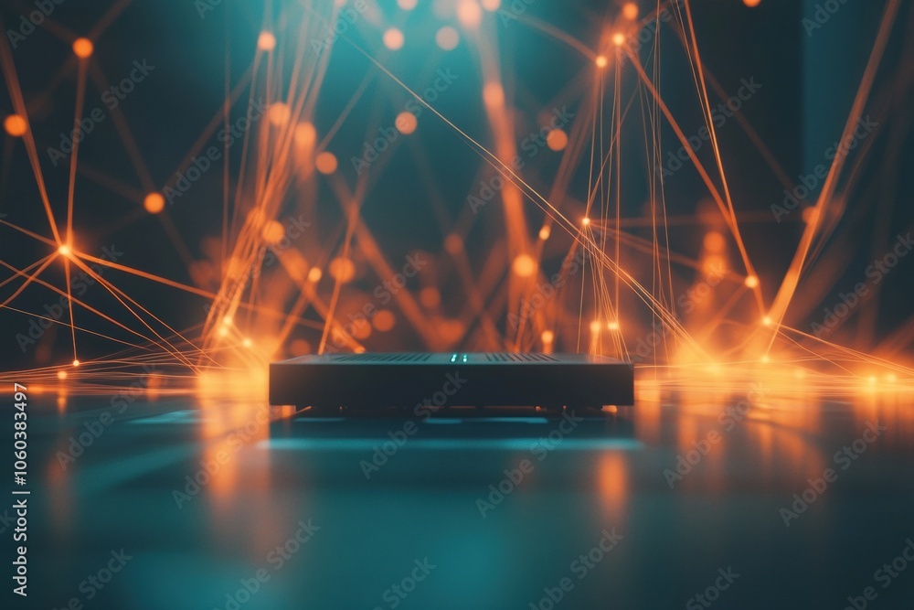 Poster a router sits at the center as glowing network cables radiate vibrant lines, creating an abstract vi