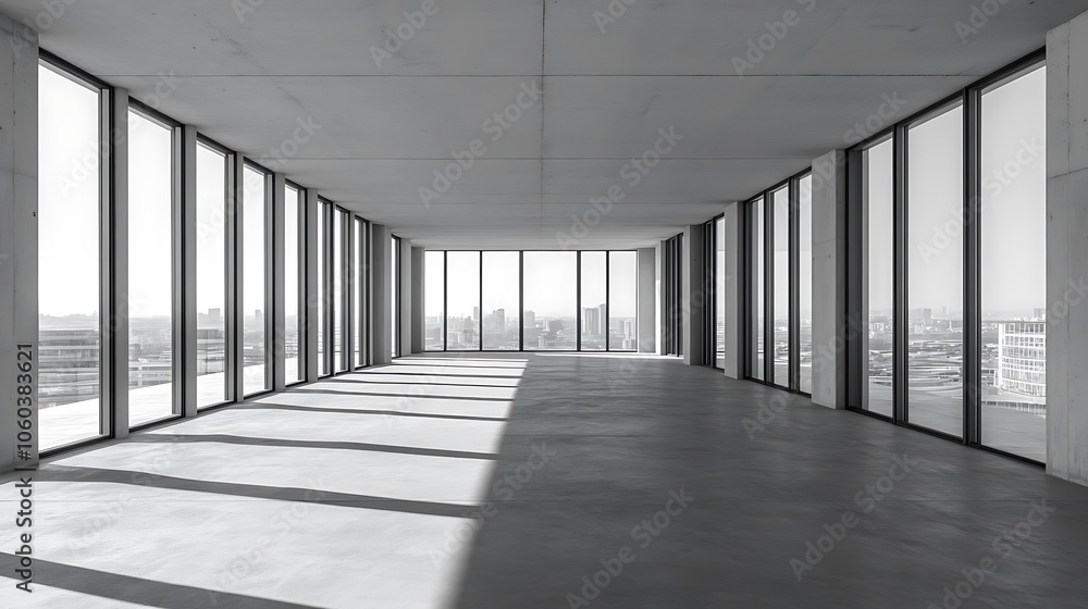 Aufkleber modern office space with city view plain textured background for web design and copy