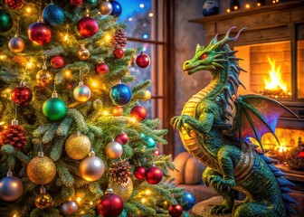 Fototapeta premium A spectacular Christmas tree adorned with twinkling lights and a majestic dragon, creating a magical holiday scene full of wonder and festive fantasy. Celebrate joyfully!