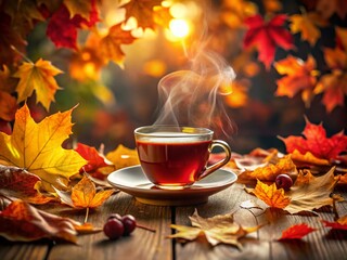 A steaming cup of herbal tea surrounded by vibrant autumn leaves, evoking warmth, tranquility, and cozy moments amidst nature’s seasonal beauty and flavors.