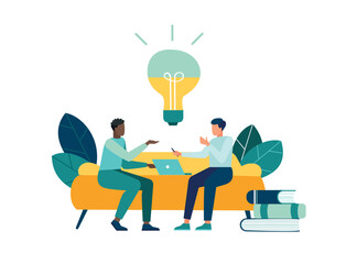 Vector illustration, employees sitting at the negotiating table, vector collective thinking and brainstorming, company information analytics