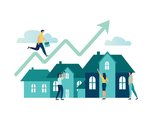 Rising house prices, the concept of real estate or property complex growth, a businessman working on a growing green graph on the roof of a house, vector illustration