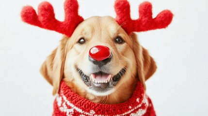 Dog in reindeer antlers with red nose and Christmas scarf on white background
