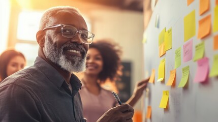 An inspirational coaching concept image featuring a mentor guiding a group workshop, with participants actively brainstorming on sticky notes and a whiteboard, highlighting themes of skill improvement