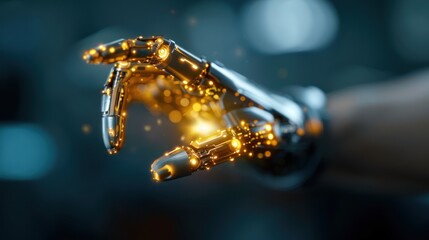 A futuristic robotic hand emits a glowing, sparkly effect, highlighting advanced technology and innovation in robotics.