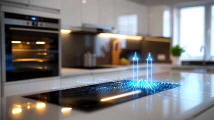 A modern kitchen featuring a sleek cooktop with a holographic design for advanced culinary technology.