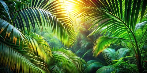 Sunlight filtering through a canopy of lush green palm leaves, creating a dappled effect on the forest floor