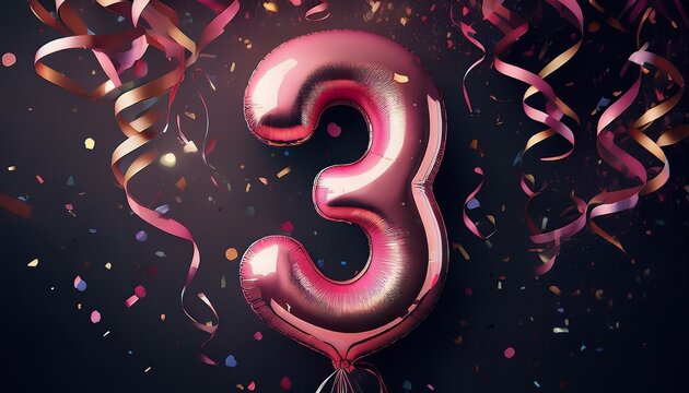 Pink birthday / anniversary balloon, number 3, black background with confetti
