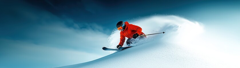 A skier in a bright red jacket elegantly carves through fresh powder snow against a stunning blue sky backdrop.