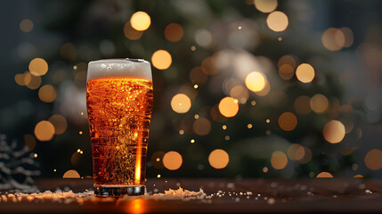 glass of beer on the background of the Christmas tree and bokeh